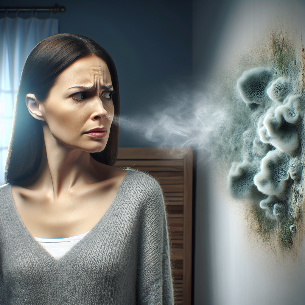 A concerned person, perhaps a homeowner, wrinkles their nose, sensing a strong, unpleasant musty odor in a residential room. Subtle, swirling greyish-green atmospheric elements emanate from a slightly damp-looking wall or corner, symbolizing the pervasive mold smell. The lighting is realistic, emphasizing the discomfort and the invisible threat. Blog article style.