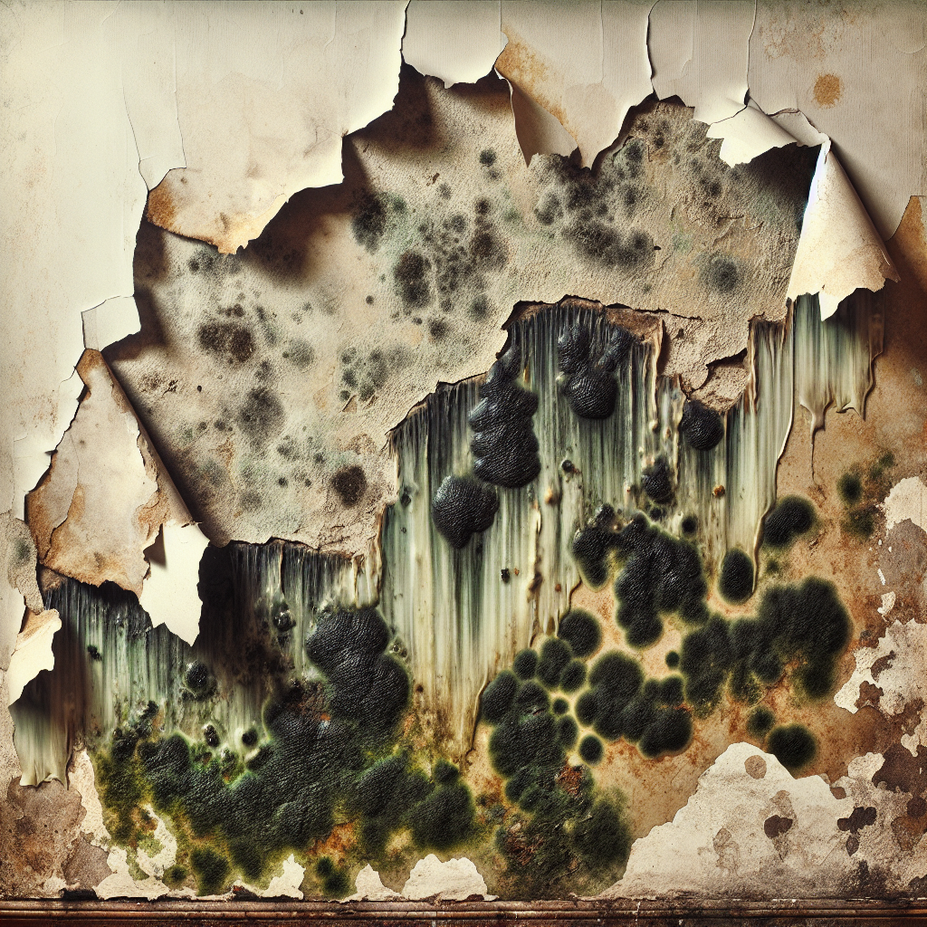 A detailed close-up of a damaged interior wall, where a section of wallpaper is peeling back to reveal significant dark green and black mold growth underneath. Visible dampness or water stains on the exposed plaster, indicating a hidden moisture problem. The scene is realistic and slightly unsettling, highlighting the unseen danger of mold.