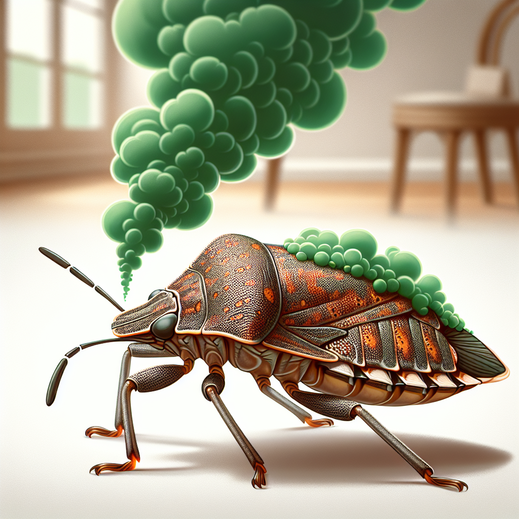 A close-up, stylized illustration of a brown marmorated stink bug (Halyomorpha halys) emitting a visible, unpleasant-looking green-brown odor cloud from its glands. The background is a subtly blurred indoor setting, like a window sill or a wall, conveying a sense of nuisance. The overall style is clean and informative, suitable for a blog, not overly graphic or scary.