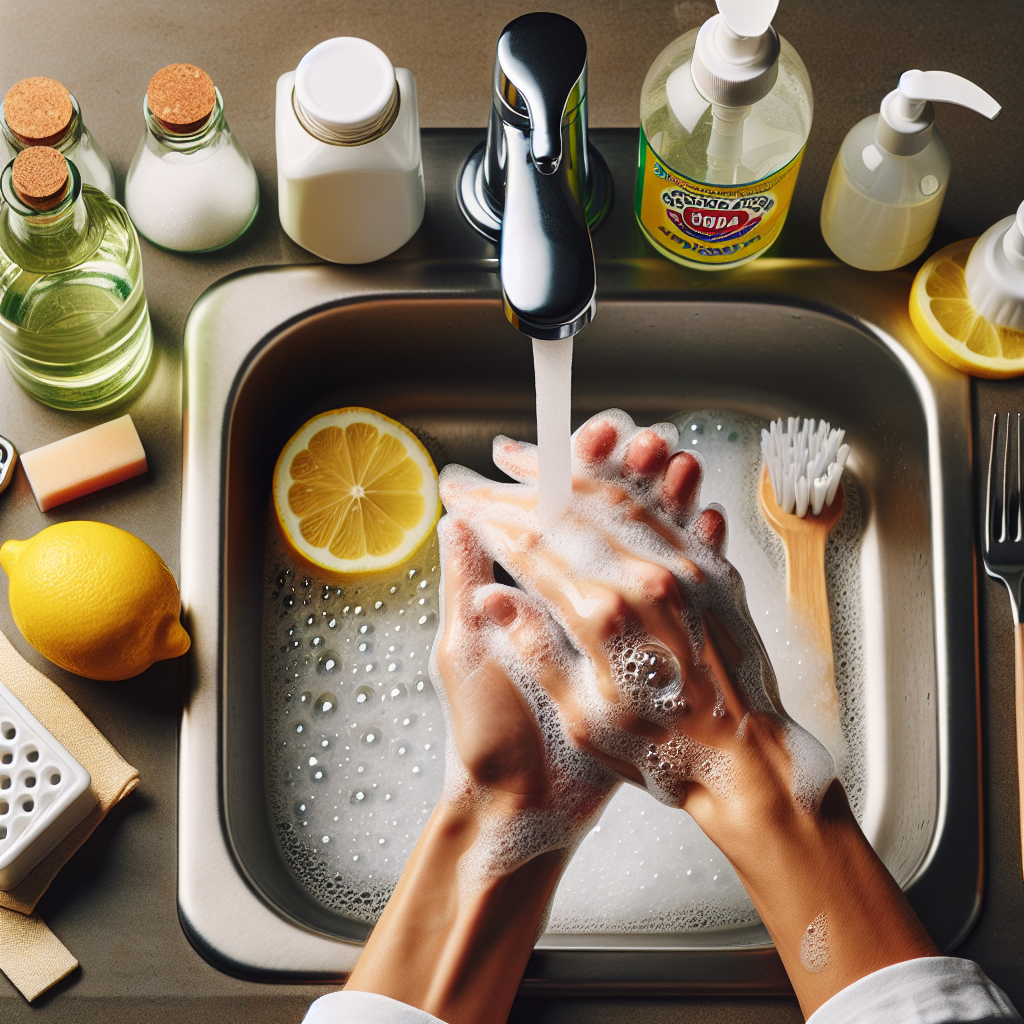 A pair of hands being thoroughly washed under running water, with abundant soap suds, in a bright and clean kitchen sink. Around the sink, subtly arranged, are common household items like a bottle of dish soap, a cut lemon, a small bottle of vinegar, and a container of baking soda. The scene conveys a sense of cleanliness, freshness, and effective odor removal.