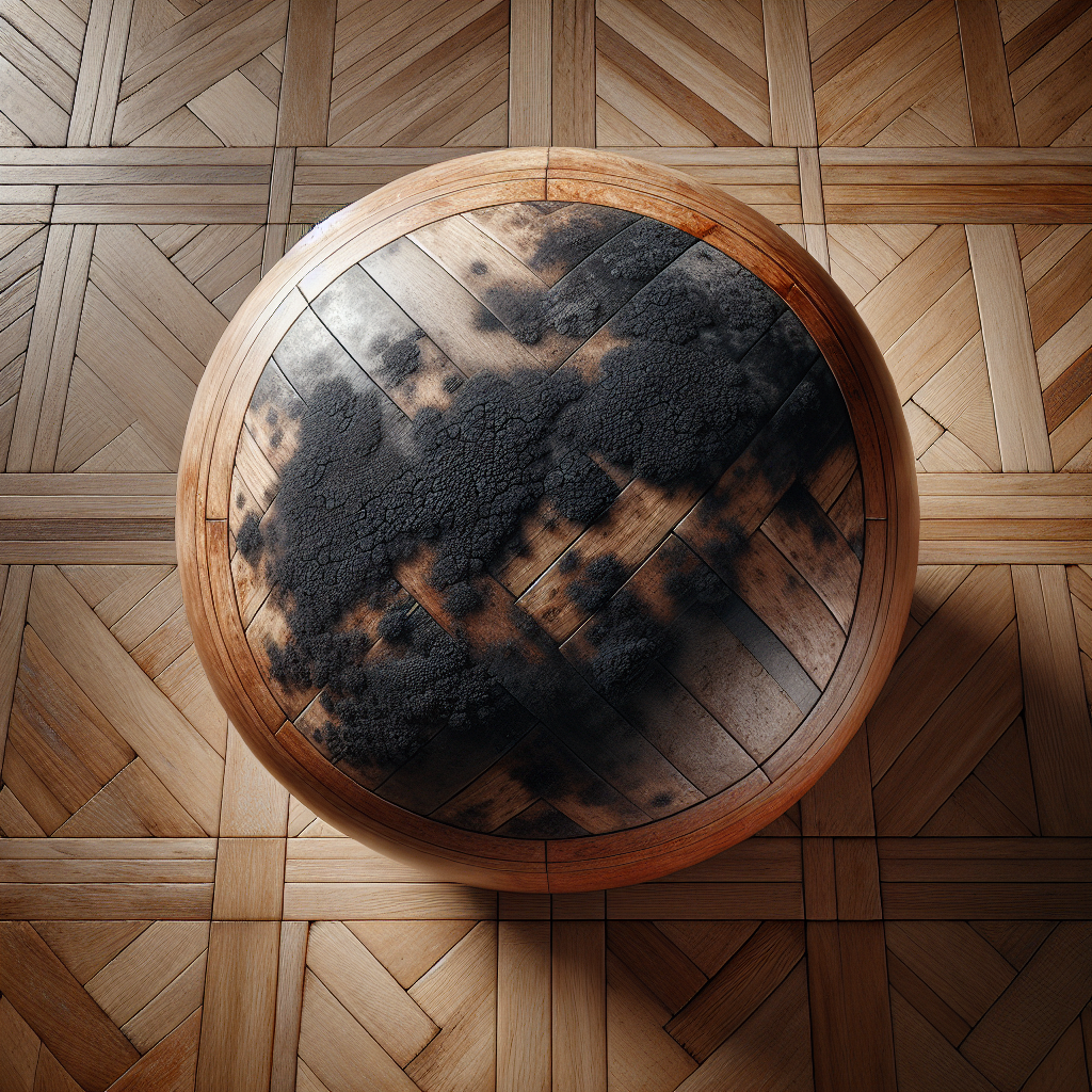Close-up of a luxurious wooden parquet floor with a noticeable dark gray, round mildew stain (Stockfleck) on one plank. The stain contrasts sharply with the clean, polished wood around it. Natural light, high detail, slightly distressed wood texture.
