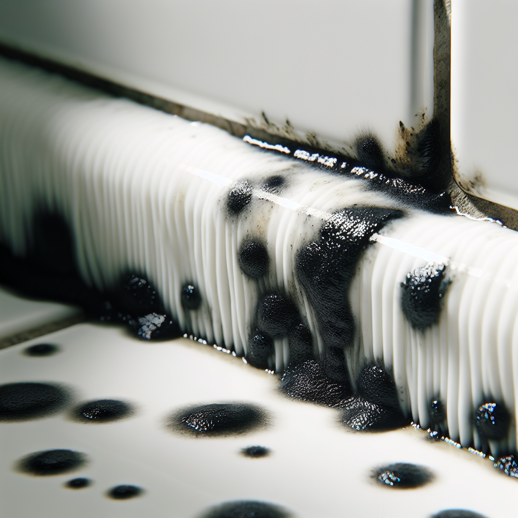 Close-up of black mold and dark spots on white silicone caulk in a shower. The caulk is stained and looks unhygienic against clean white tiles. Realistic, detailed, macro photography style, natural bathroom lighting.