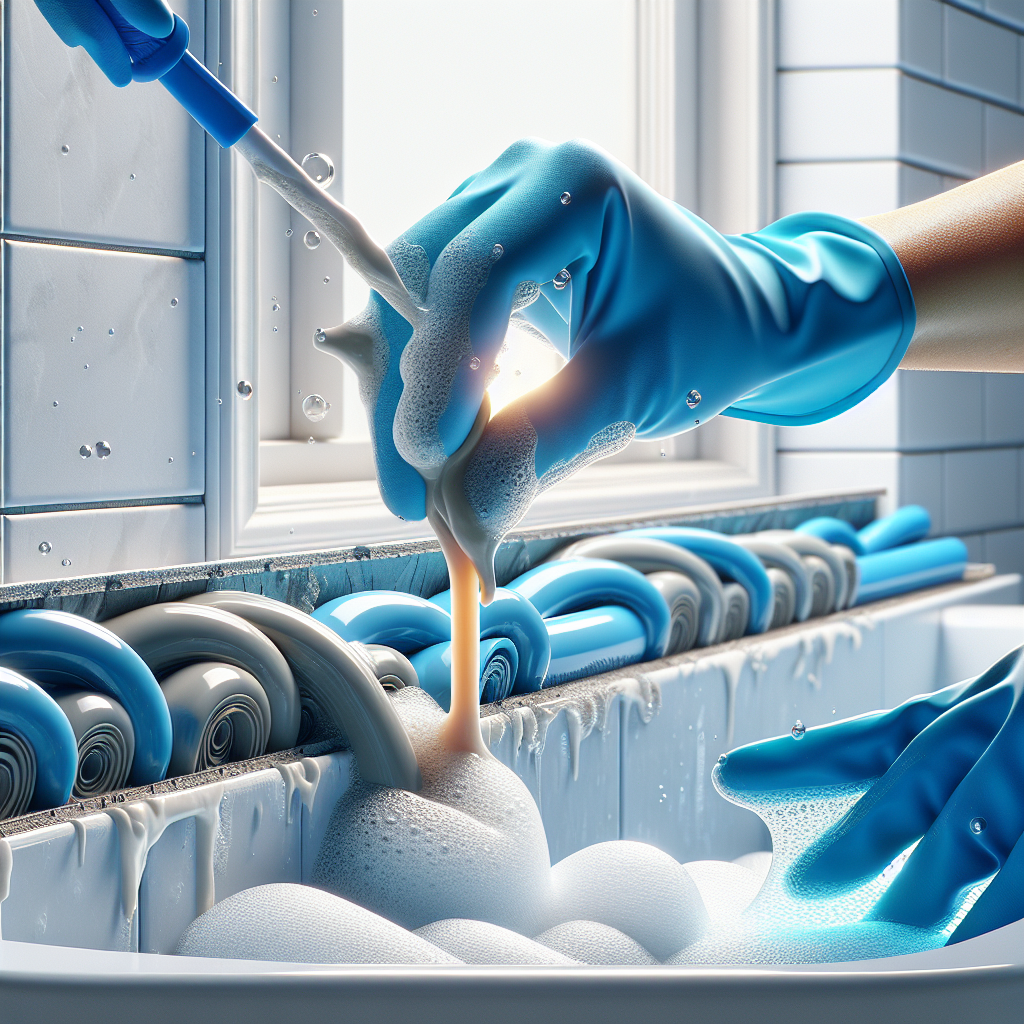A person's hand wearing a blue rubber glove, actively scrubbing or wiping clean a silicone caulk joint in a modern shower. The caulk is transitioning from stained to clean, suggesting effective cleaning. Bright bathroom lighting, focus on action and cleanliness.