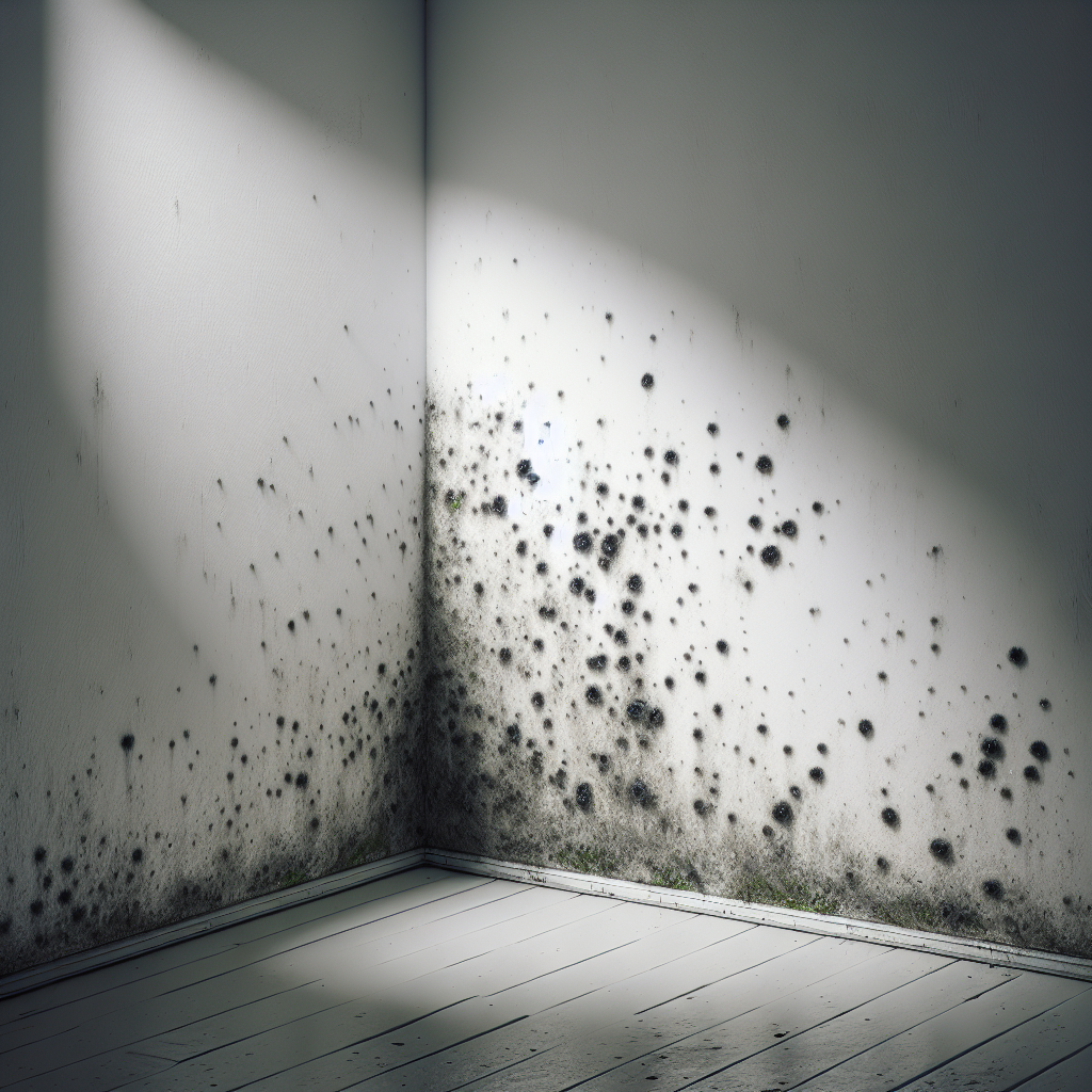 A close-up, realistic photo of a white wall in a slightly damp, neglected corner of a room. The wall is covered in distinct 'Stockflecken' – small, scattered dark gray to greenish-black spots and diffuse patches, creating an unappealing, dirty appearance. The lighting is dim, highlighting the texture of the wall and the presence of moisture. No people visible.
