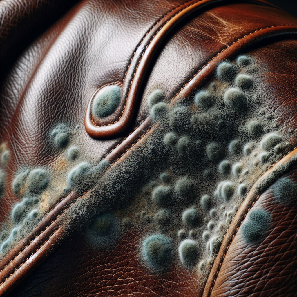 A close-up shot of a section of a dark brown leather jacket, showing prominent greyish-green mildew stains (Stockflecken) and a slightly fuzzy texture caused by moisture damage. The leather appears worn and neglected, under soft, diffused light.
