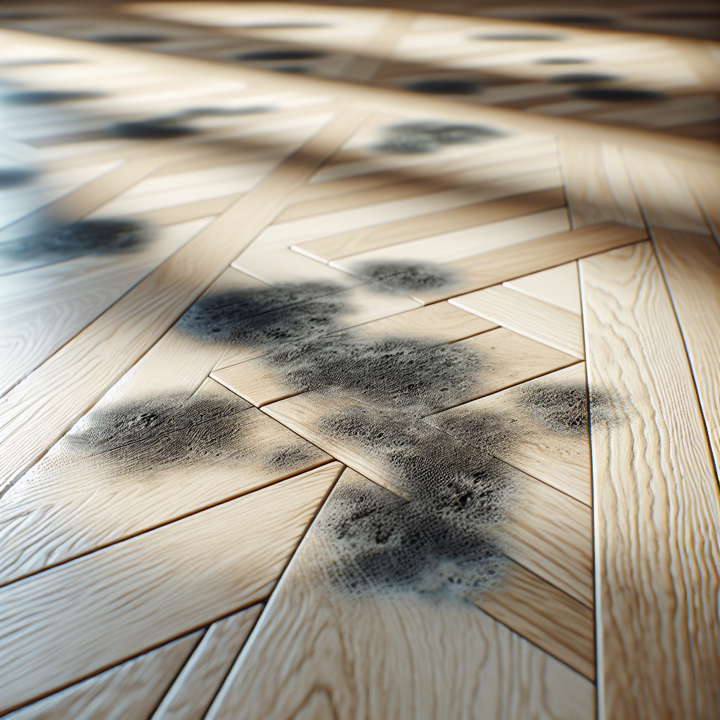 Close-up of a section of light-colored parquet flooring, prominently featuring dark grey and black mildew stains (Stockflecken). The wood grain is visible, and the stains appear unsightly and embedded, clearly illustrating the problem. Soft, natural lighting enhances the detail.