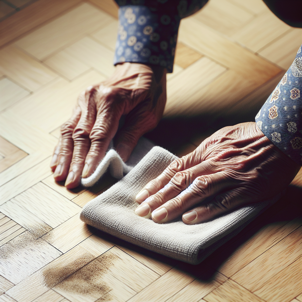 A pair of hands, one holding a slightly damp, clean cloth, gently wiping a small area of light-colored parquet flooring. A faint, previously visible mildew stain is disappearing under the cleaning action, suggesting restoration and care. The surrounding parquet is clean and well-maintained. Focus on the action of effective, careful cleaning.