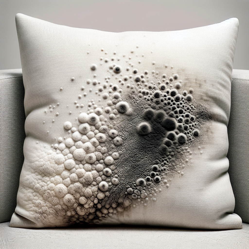 Close-up, realistic image of a prominent, unsightly grey and black mildew stain (Stockfleck) on the textured fabric of a light-colored sofa cushion. The stain is irregular and deeply embedded in the textile, emphasizing the problem. Soft, natural lighting. High detail, focus on fabric texture.