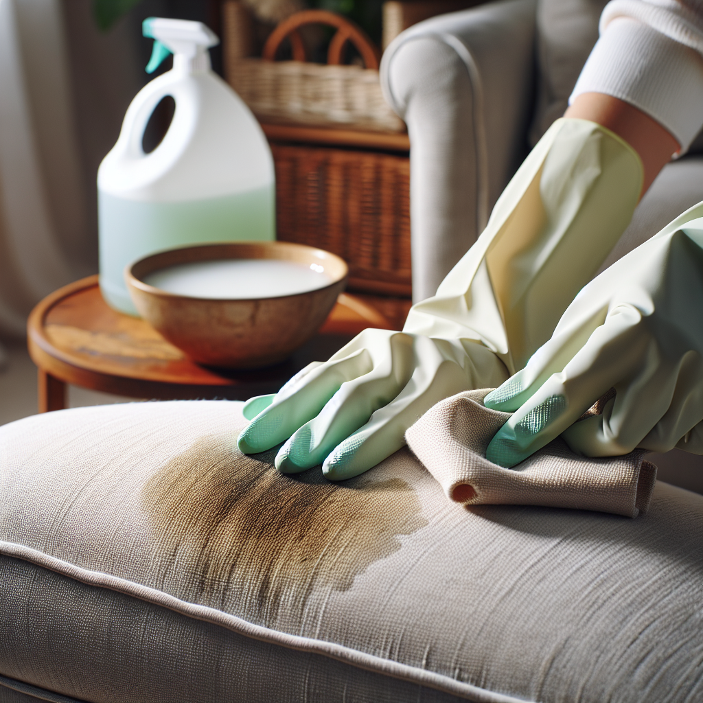 A pair of hands, wearing protective gloves, gently dabbing a light-colored fabric armchair upholstery with a damp cloth to remove a visible but fading mildew stain. In the background, subtly blurred, a bowl with a homemade cleaning solution (e.g., vinegar mix). The scene conveys effective home cleaning, focused action, and a sense of progress. Realistic, warm lighting.
