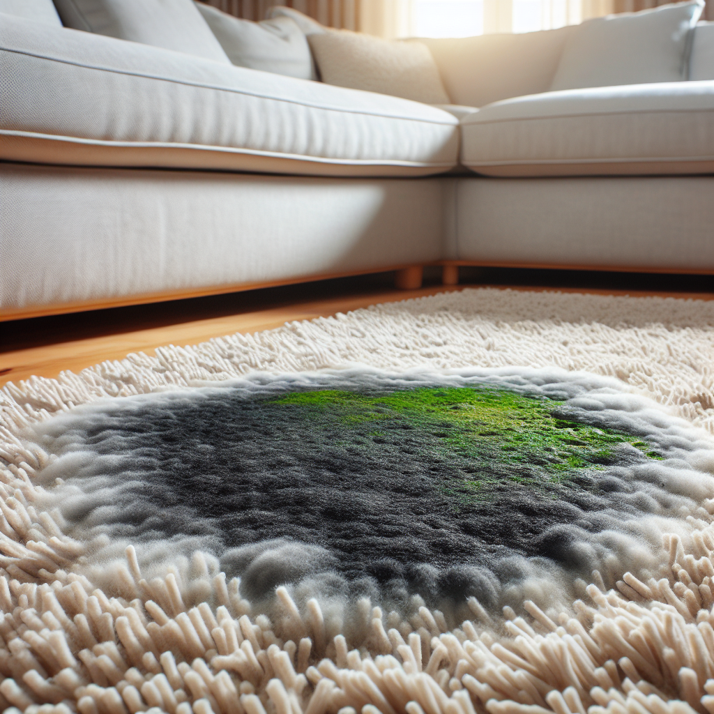 A close-up of a prominent, dark grey-green mildew stain on a light-colored, shaggy living room carpet, showing a slightly damp texture and an unappealing, neglected appearance. Soft, natural lighting highlights the unsightly nature of the stain.