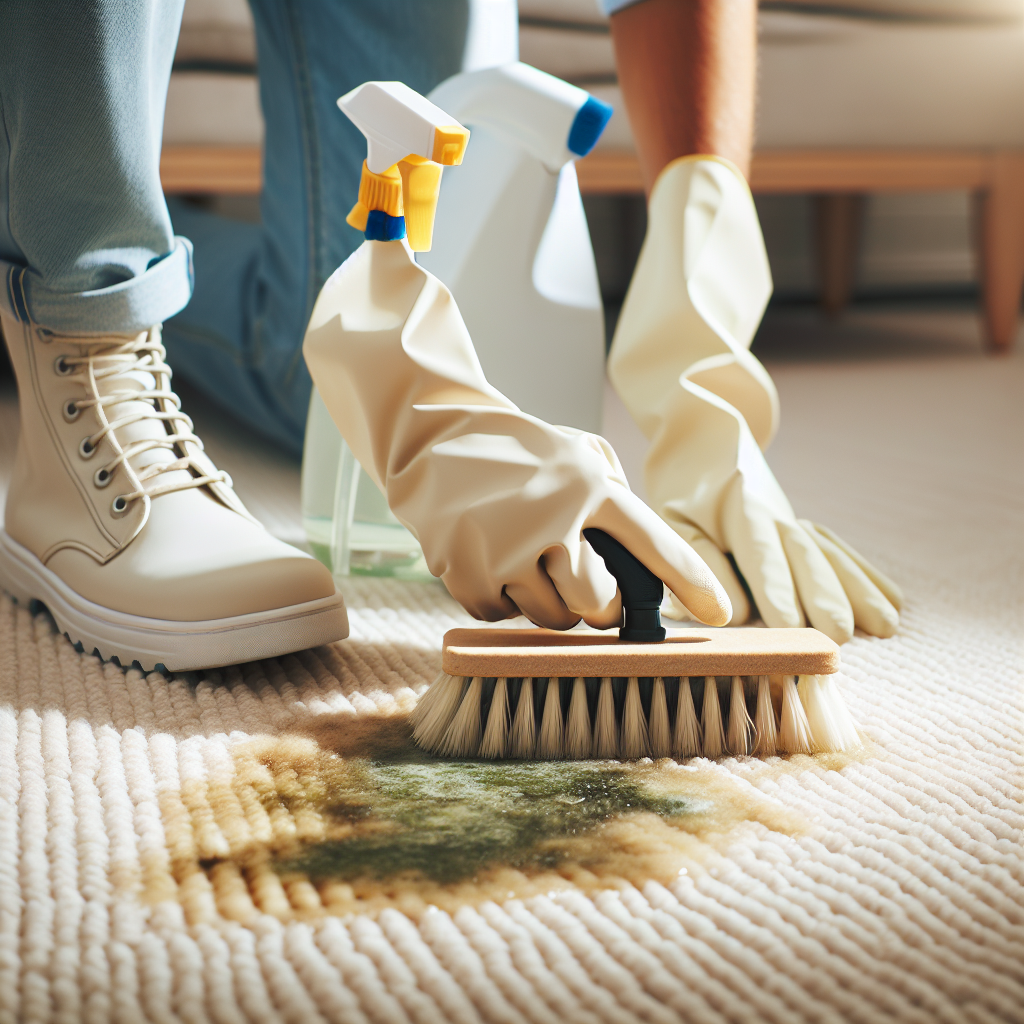 A pair of hands wearing protective gloves, gently but effectively scrubbing a mildew stain on a light beige carpet with a cleaning brush and a spray bottle. The scene is bright and clean, emphasizing the active process of stain removal with a hopeful and diligent atmosphere.