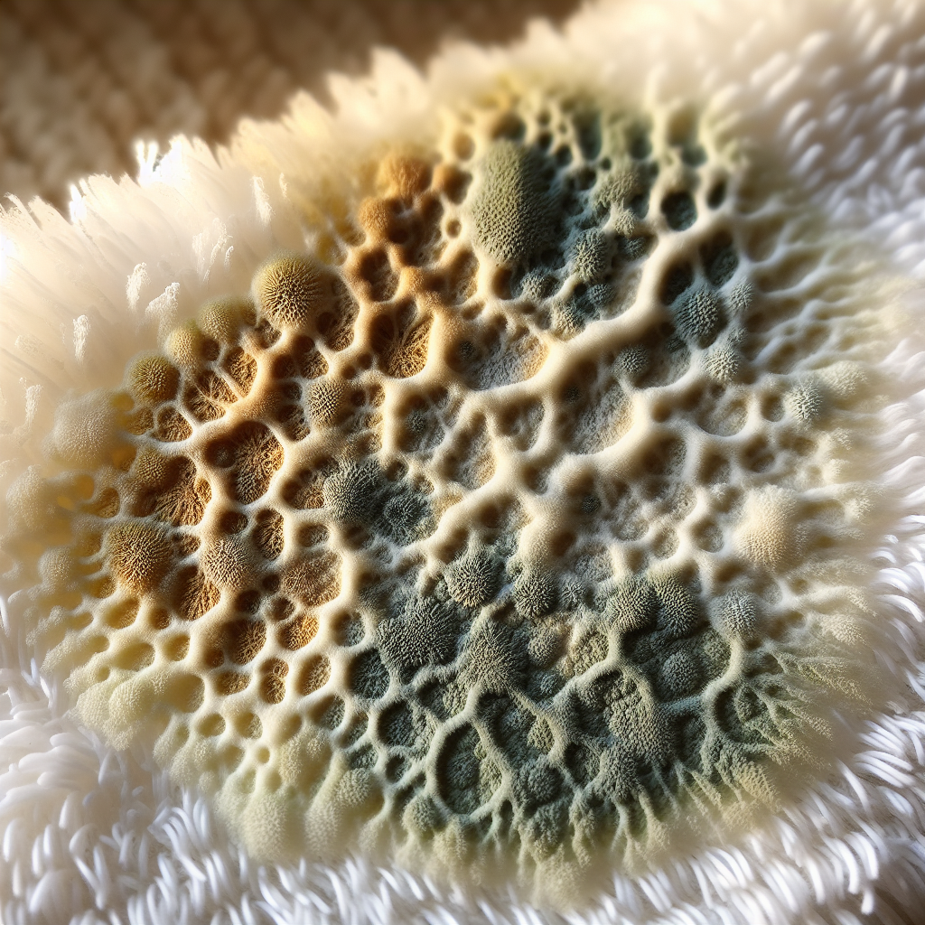 Close-up of a yellowish-grey and brown mildew stain (Stockfleck) on a textured, slightly damp white towel, illustrating the unpleasant texture and discoloration. The background is subtly blurred, hinting at a humid, neglected environment like an old laundry basket. Soft, natural light emphasizes the problem.