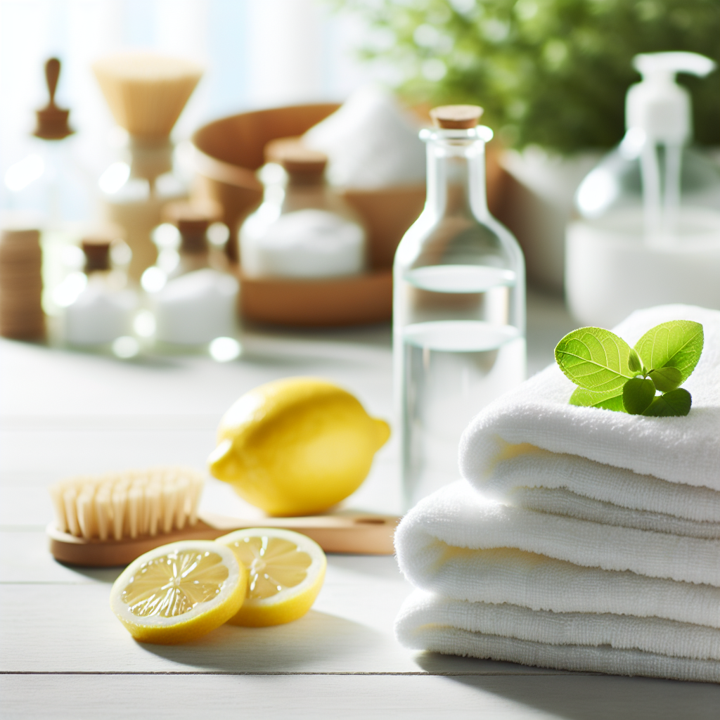 A beautifully folded, pristine white towel, appearing fresh and clean, with a gentle glow suggesting a subtle, clean scent. In the soft-focus background, a collection of natural cleaning agents like a lemon half, a white vinegar bottle, and a small cleaning brush are artfully arranged, symbolizing the effective removal of mildew stains. Bright, airy lighting.