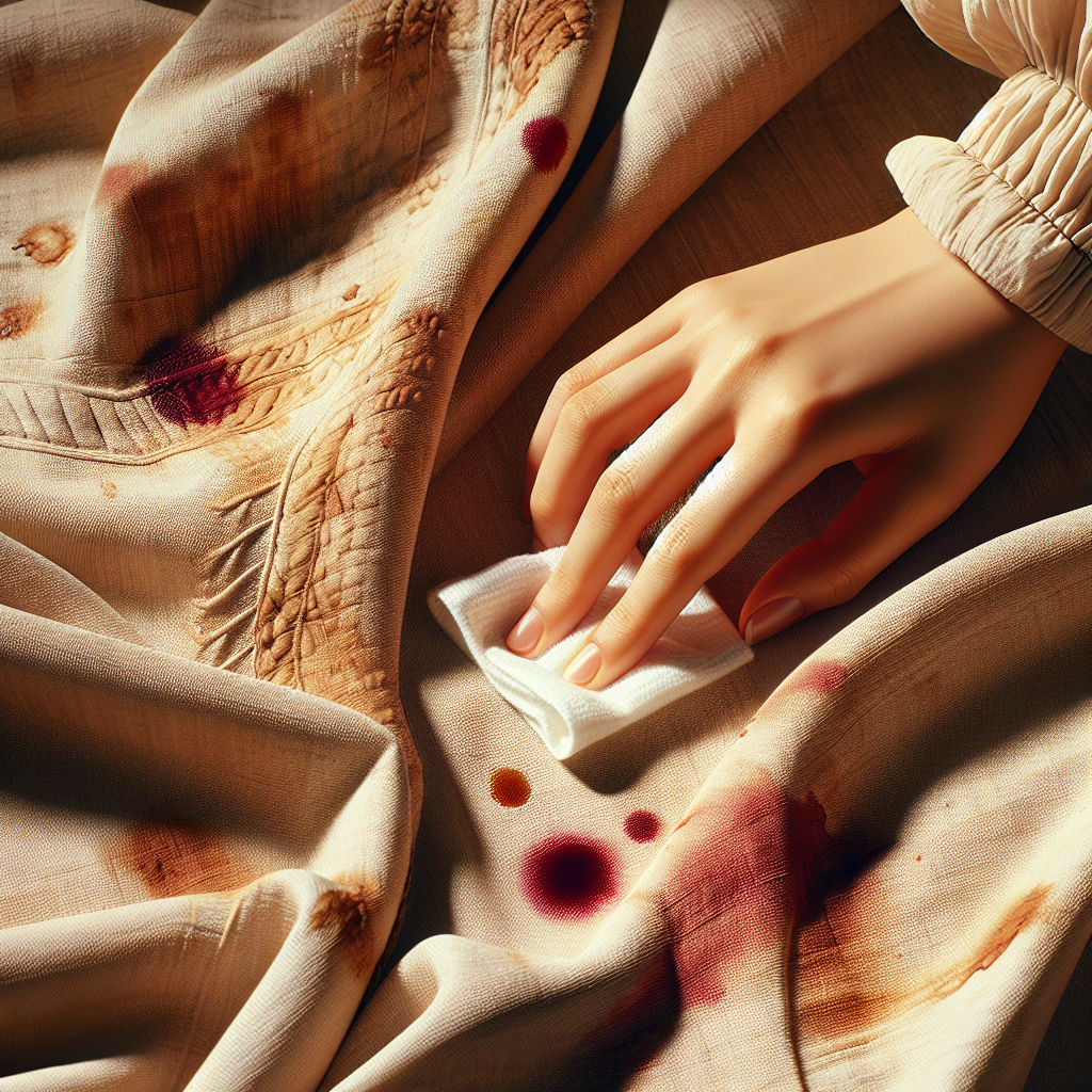 Close-up shot of a light-colored fabric (e.g., sofa cushion or tablecloth) with multiple visible stains like red wine, coffee, and ink. A hand is gently dabbing one of the stains with a clean white cloth. Realistic, clear photography, bright lighting, soft shadows.