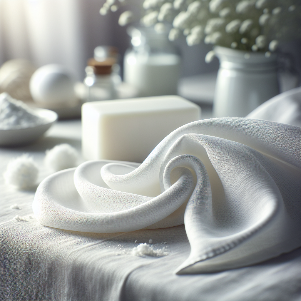 A pristine, perfectly clean white linen tablecloth draped beautifully, looking fresh and immaculate. Subtle, out-of-focus elements of natural cleaning agents like a bar of white soap or a sprinkle of baking soda are visible in the background. The overall mood is fresh, bright, and satisfying. Realistic, high-resolution photography.