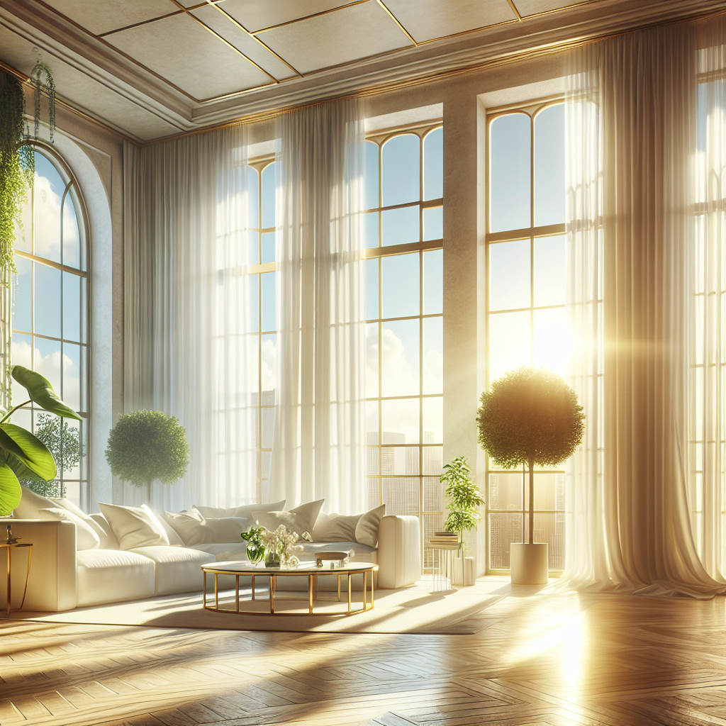A bright, airy living room with large windows open, allowing a fresh breeze to gently billow clean, sheer white curtains. Sunlight streams in, illuminating the spotless, newly refreshed furniture and vibrant green plants, creating an atmosphere of purity, cleanliness, and lightness, completely free of any unpleasant odors. Photorealistic, optimistic and bright lighting.