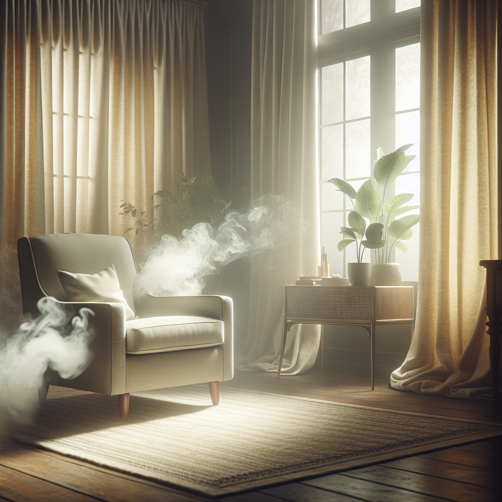 Ein realistisches, detailliertes Foto eines Wohnzimmers, in dem sich ein leichter, gelblich-grauer Dunst von Tabakrauch visuell an den Textilvorhängen und einem gemütlichen Sessel festsetzt. Die Atmosphäre wirkt etwas stickig und leicht gedämpft, was die Hartnäckigkeit des Rauchgeruchs unterstreicht. Fokus auf natürliche Lichtverhältnisse und eine Ästhetik, die sowohl einladend als auch vom Rauch betroffen ist. Blogartikel-Stil.