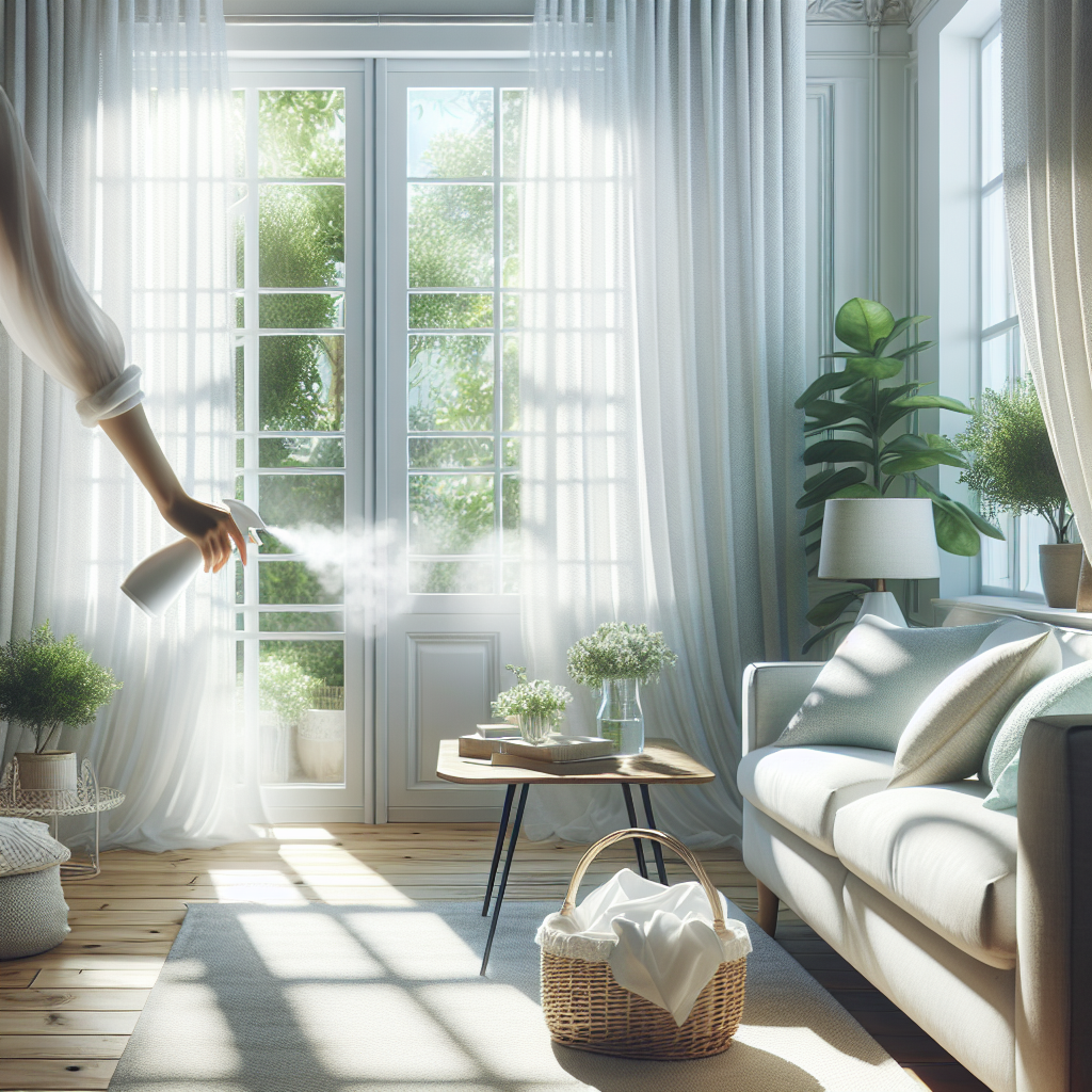 Ein realistisches, detailliertes Foto eines sehr hellen und luftigen Wohnzimmer-Interieurs. Sonnenlicht strömt durch weit geöffnete Fenster, die zarten weißen Vorhänge flattern leicht. Im Vordergrund ist eine Hand zu sehen, die einen dezenten Lufterfrischer sprüht oder einen Korb mit frisch gewaschenen Textilien hält. Das Zimmer ist mit frischen Grünpflanzen dekoriert und vermittelt ein starkes Gefühl von Sauberkeit, Frische und Erneuerung nach der Geruchsentfernung. Eine lebendige, einladende und saubere Ästhetik. Blogartikel-Stil.