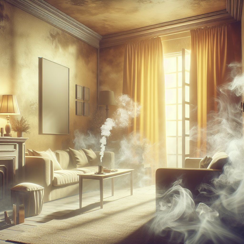 A subtly yellow-tinted living room with visible, lingering tobacco smoke creating a stale haze, clinging to fabrics and furniture. An open window in the background is letting in a faint, fresh breeze, hinting at relief. Realistic, atmospheric, with a sense of persistent odor.