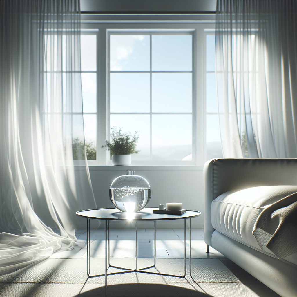 A bright, clean, and airy modern living room with sunlight streaming through a large, wide-open window. White sheer curtains billow gently in a fresh breeze. On a minimalist side table, a simple glass bowl filled with clear liquid (like vinegar) is subtly placed, symbolizing a natural method for neutralizing odors. The overall feeling is fresh, pure, and inviting. Realistic, serene, clean aesthetic.