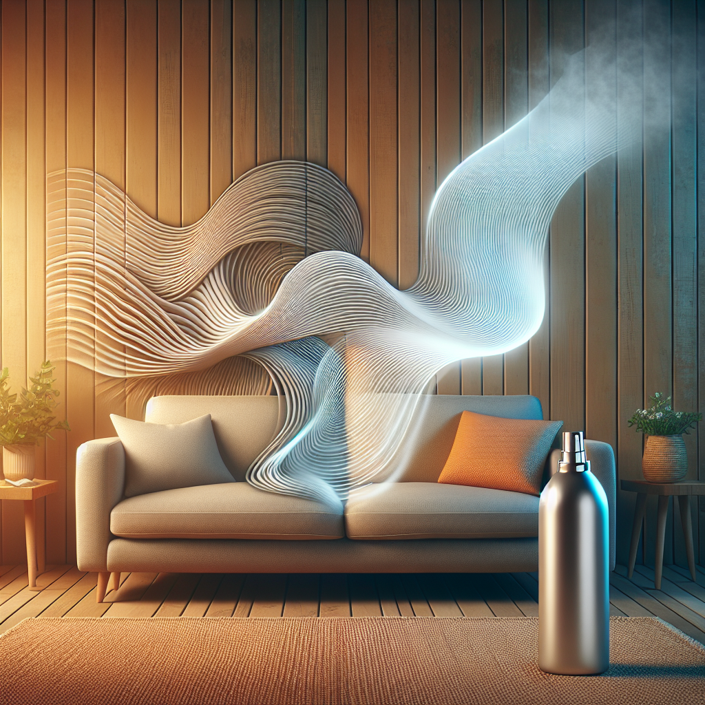 A cozy living room. On one side, subtle, wavy, unpleasant odor lines visibly waft from a sofa, creating a slightly dull atmosphere. On the other side, a sleek, modern bottle of 'Take Care Geruchsentferner' is spraying a clear, fresh mist that dissipates the odor lines, making the air visibly crisp, clean, and bright. The overall image should convey a transformation from smell to freshness, with a sense of relief and well-being. High detail, realistic photography style.