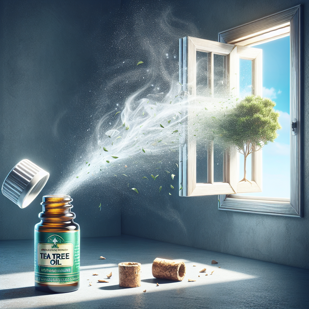 A bottle of tea tree oil emitting a strong, almost visible medicinal scent that appears to fill a room. In contrast, an open window in the background is letting in a bright, refreshing breeze, symbolizing the attempt to air out the space. The image should convey the intensity of an unwanted smell against the desire for fresh air, with a clean, realistic photographic style.