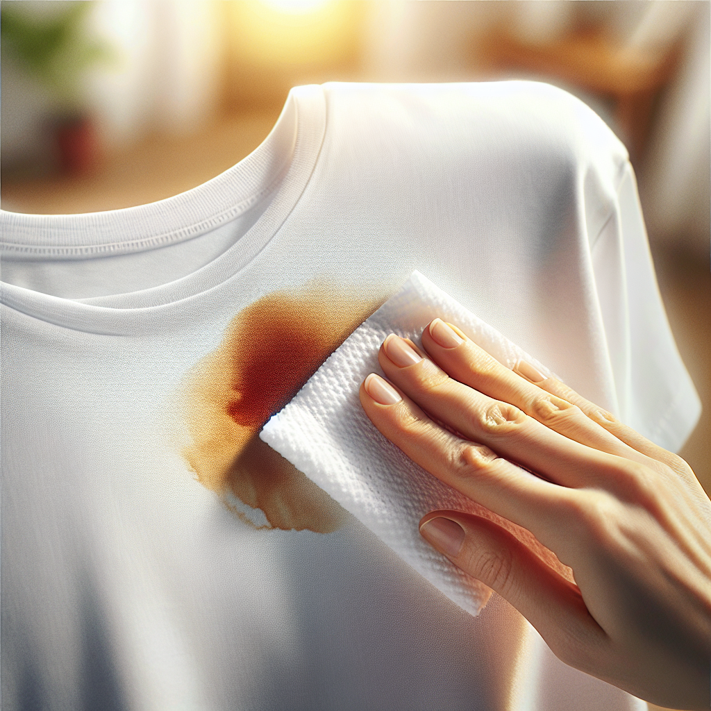 A close-up, top-down shot of a pristine white cotton t-shirt with a visible, fresh brown tea stain. A gentle hand is carefully dabbing the stain with a clean, white microfibre cloth. The background is softly blurred, suggesting a bright, clean home environment. Realistic, bright natural lighting, photography style.