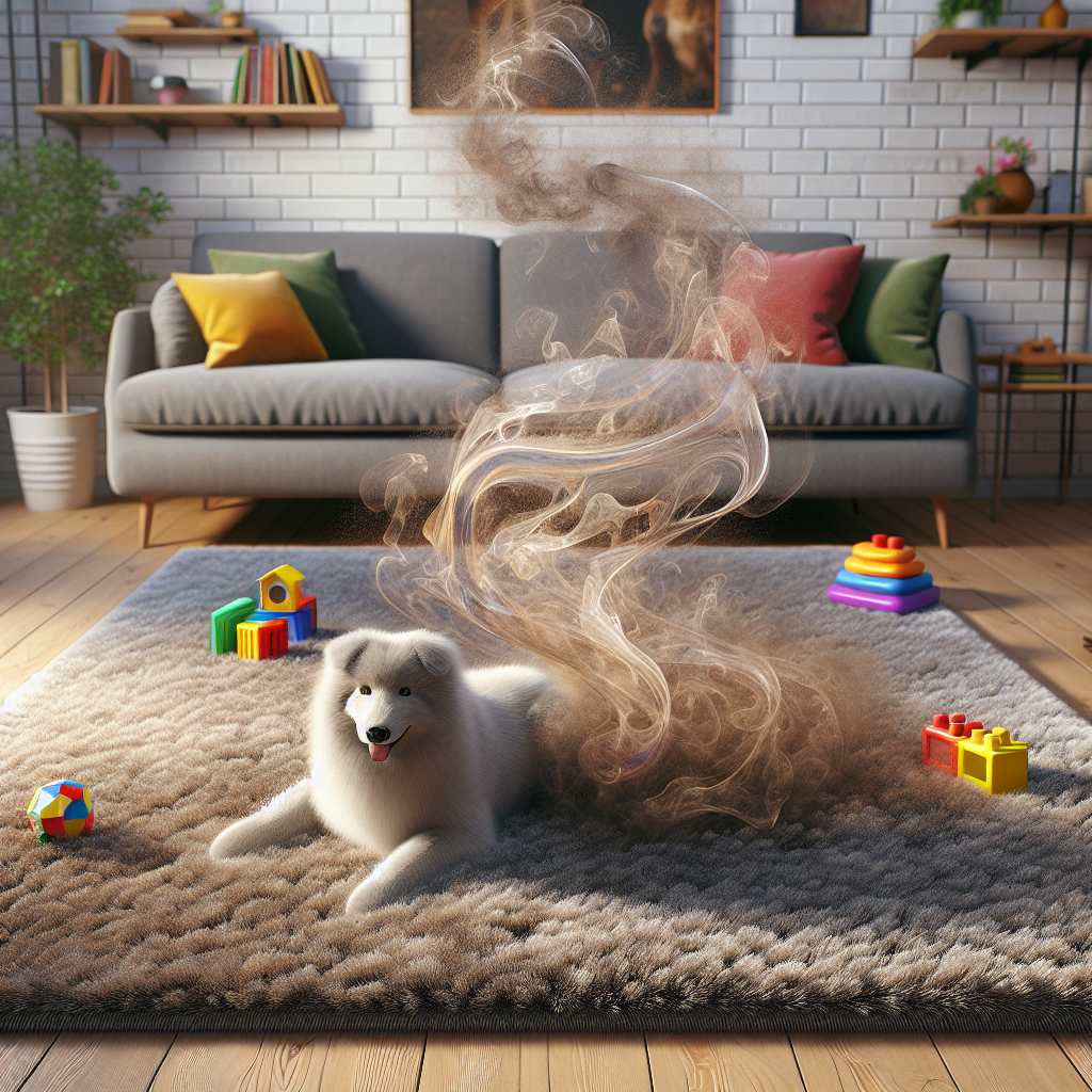 A close-up, photorealistic image of a shaggy, medium-pile carpet in a cozy living room. A faint, stylized translucent brown and grey wavy cloud emanates from the carpet, visually representing an unpleasant, musty odor. A child's colorful building block and a dog's toy are subtly visible on the carpet, hinting at the common sources of the smell. Soft, natural light, slightly warm tones.
