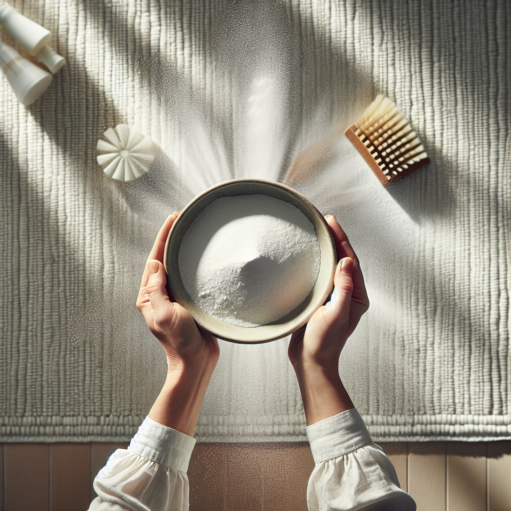 An overhead shot of a person's hands gently sprinkling a generous amount of white powder (representing baking soda) from a small, simple ceramic bowl evenly across a clean, light-colored living room carpet. The scene is bright and airy, conveying a sense of effective, natural cleaning. Sunlight streams in from a nearby window, illuminating the powder. Photorealistic, clean aesthetic.