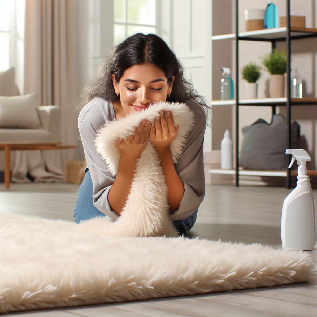 A bright, inviting living room with a fluffy, clean carpet. A person is happily sniffing the carpet, smiling, with a fresh, airy feel. In the background, on a nearby table or shelf, there are generic, unbranded cleaning product bottles and sprays, subtly implying solutions for odors. Soft natural light, modern and clean aesthetic.