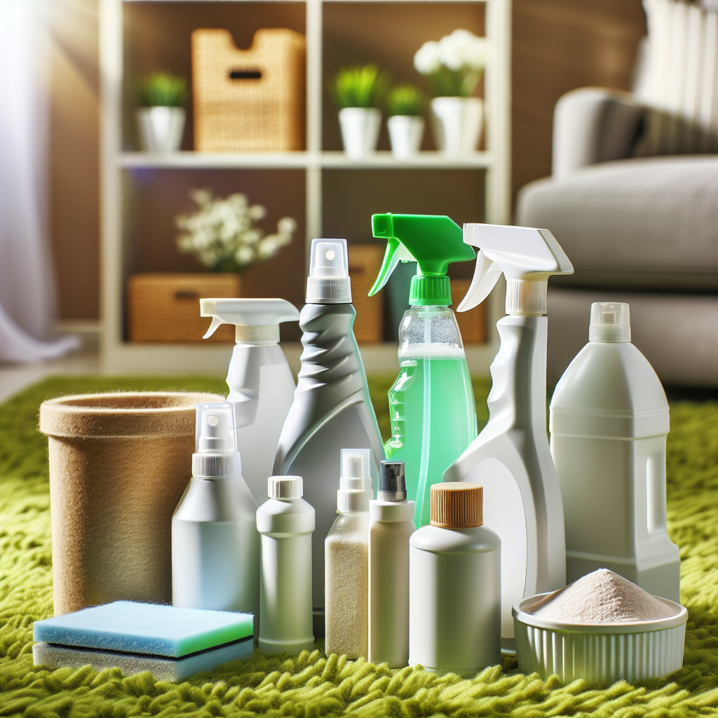 A collection of generic, unbranded carpet cleaning product bottles (e.g., spray bottles, powder shakers, liquid containers) neatly arranged on a clean, vibrant green carpet, with a subtle hint of a 'fresh linen' or 'nature's scent' implied through soft lighting and a blurred background of a tidy, modern living room. The focus is on the products as solutions for an odor-free home.