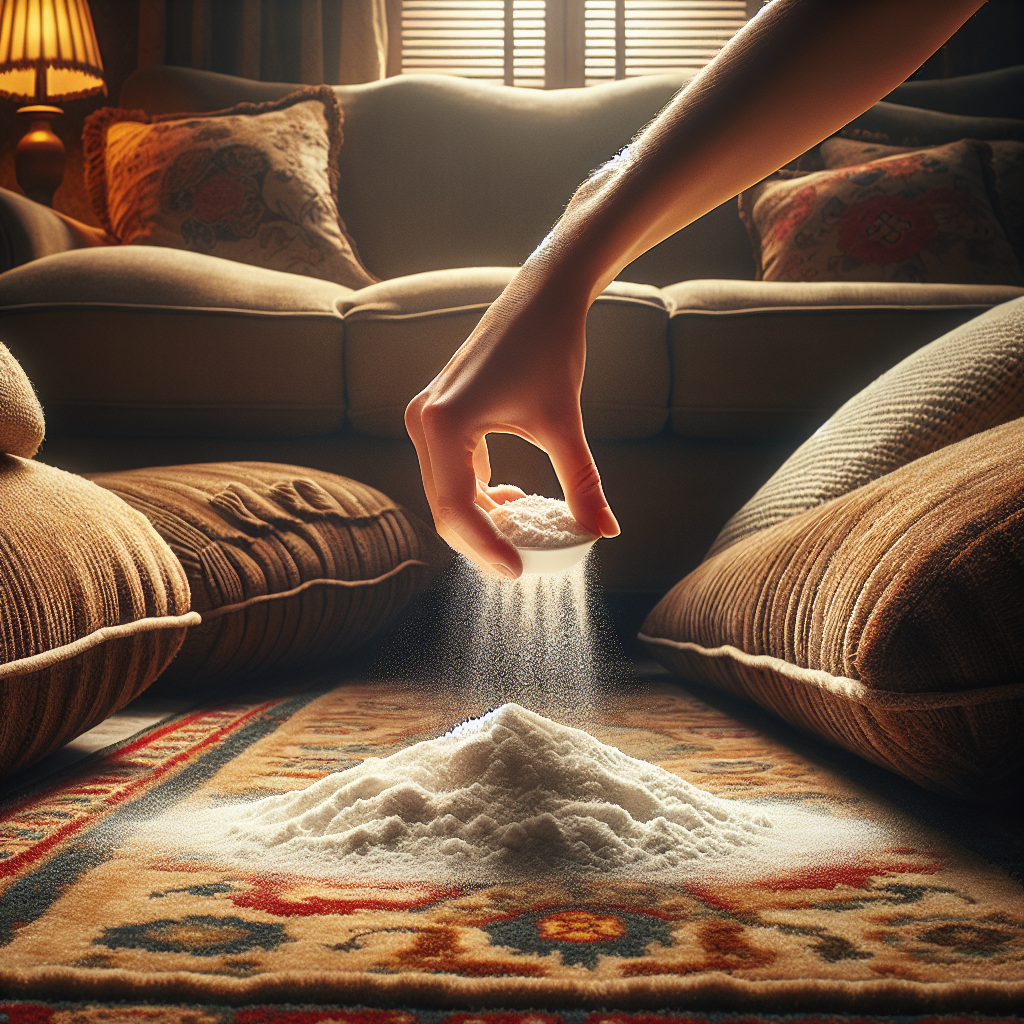 A cozy living room scene with a slightly disheveled carpet (implying prior use or odors) and a hand gently sprinkling a generous layer of white baking soda powder evenly over a section of it. The overall image should convey a sense of natural cleaning and home comfort.