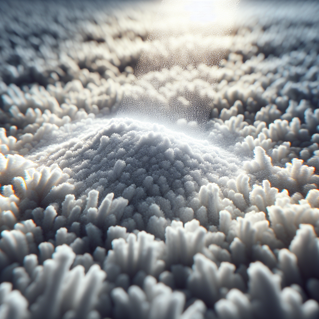 A close-up, top-down shot of a soft, plush carpet texture, with fine white baking soda powder lightly distributed across its fibers. The image should emphasize cleanliness, freshness, and the granular detail of the baking soda, with soft, natural lighting.