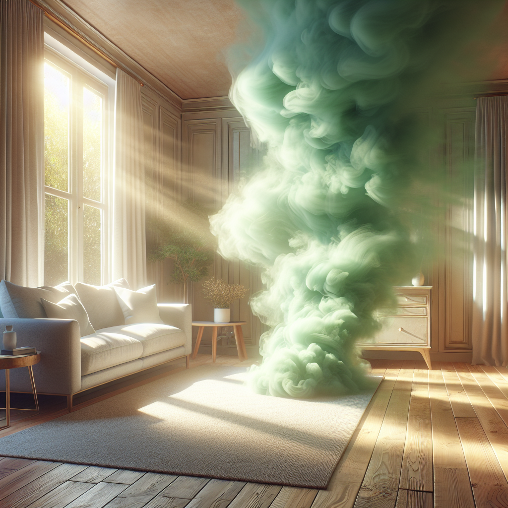 A cozy, sunlit living room with a subtle, almost translucent, unpleasant green 'smell cloud' visibly rising from a neutral-colored carpet. In the background, a large window is wide open, letting in a strong, fresh breeze (represented by light blue or white airy swirls). The scene balances a sense of discomfort from the odor with the promise of freshness and relief. High-quality photography, realistic style.