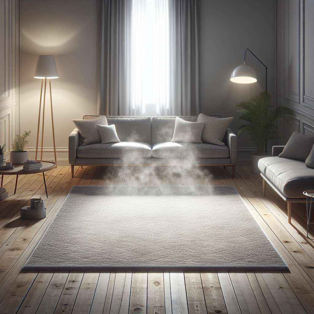 A visually appealing, cozy living room. The focus is on a stylish rug on the floor, from which subtle, artistic wisps of a faint grey haze are gently rising, symbolizing unpleasant odors. Simultaneously, a sense of fresh air is indicated by a soft, warm light coming through a large window, illuminating parts of the room and suggesting renewal. The overall feeling is one of transition from a problem to a solution. High-quality photography, realistic style.