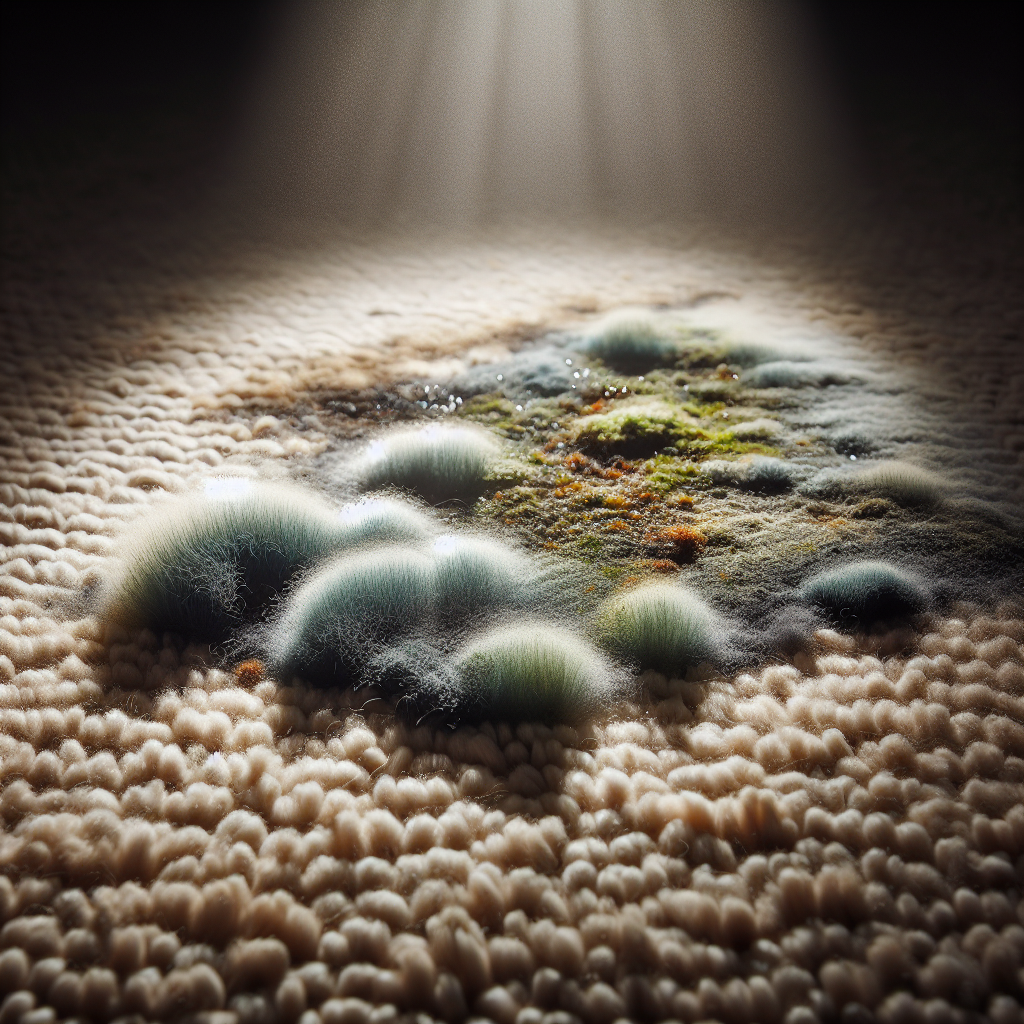 A close-up, low-angle shot of a section of a beige, somewhat neglected carpet. A subtle, ominous dark, damp patch is visible, with faint green-grey mold discoloration subtly peeking out from the fibers. A hazy, almost visible foul odor seems to emanate from the spot, creating a sense of an unpleasant, pervasive smell. The lighting is dim and slightly unsettling, emphasizing the hidden problem. Realistic, high detail.