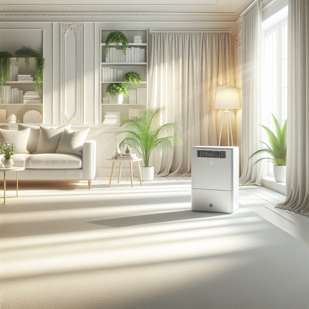 A bright, airy living room with a spotlessly clean, light-colored carpet. Sunlight streams through a slightly open window, illuminating the room and creating a sense of freshness and good ventilation. A modern, minimalist dehumidifier unit is discreetly placed in the background, symbolizing proactive moisture control. The overall atmosphere is inviting, clean, and free of any dampness or odor. Realistic, vibrant colors.