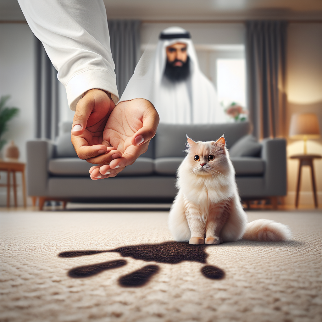 A fluffy, cute cat looking innocently towards a visibly dark stain on a light-colored living room carpet. In the background, a pair of human hands are clasped together in a gesture of mild frustration or exasperation. The scene is realistic, detailed, and conveys the common problem of cat urine on a carpet in a home setting, with soft indoor lighting.