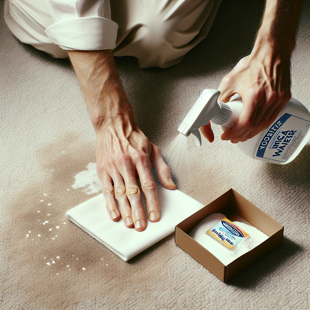 A close-up shot of hands actively cleaning a wet spot on a light beige carpet. One hand is gently dabbing the area with a clean white cloth, while another hand is holding a spray bottle labeled 'Essig-Wasser' (Vinegar-Water) or a generic cleaning solution. A small, open box of baking soda is visible nearby. The focus is on the effective cleaning process using household remedies, with a bright and clean aesthetic.