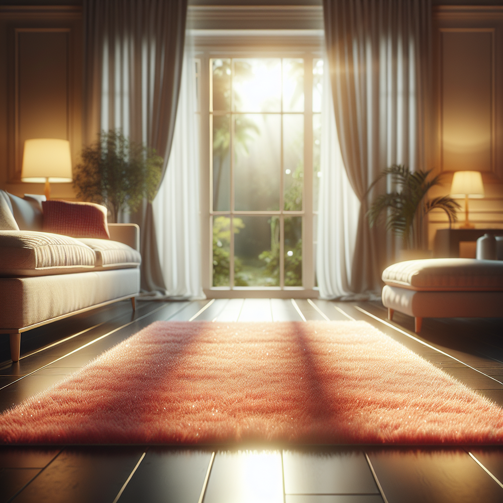 A cozy and inviting living room with a vibrant, freshly cleaned carpet at the center. Sunlight streams in, highlighting the clean, soft fibers. The room has a tidy, welcoming atmosphere, reflecting the comfort of a well-maintained home. Realistic, warm lighting.