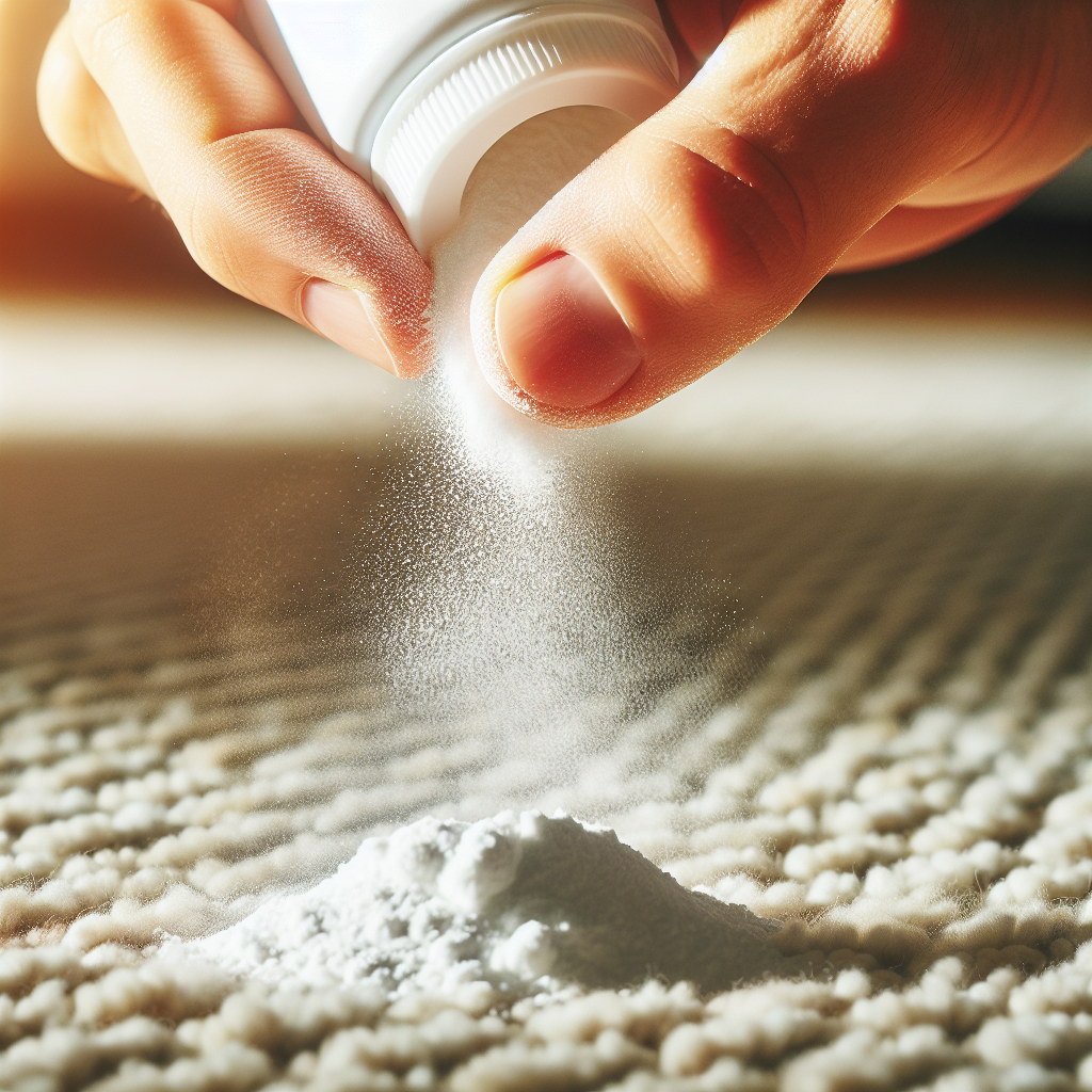 Close-up shot of a hand gently sprinkling white baking soda powder onto a slightly dirty or stained area of a home carpet. The texture of the carpet and the powder are clearly visible, conveying the action of using a household remedy for cleaning. Soft, natural light.