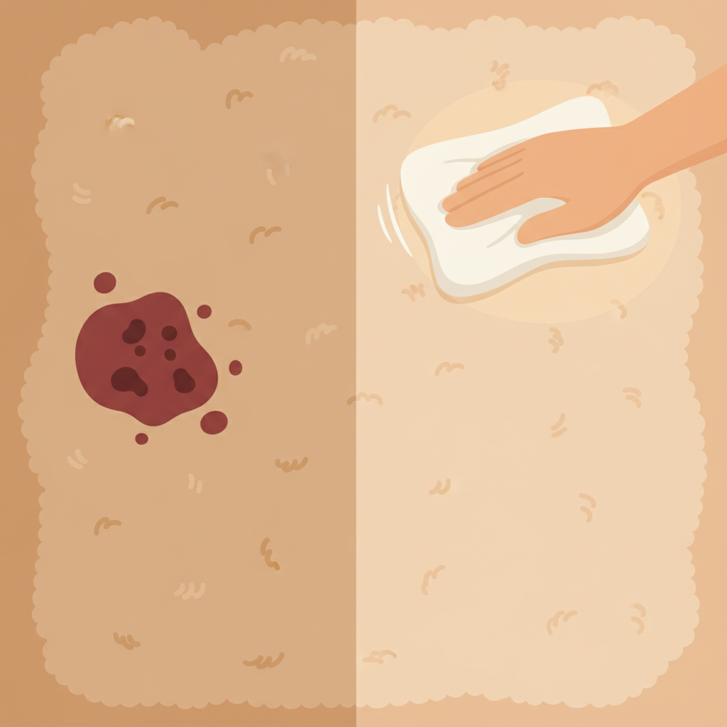 A warm, inviting flat illustration depicting a comparison of a stained carpet area transforming into a clean one. On the left, a small, distinct red wine or coffee stain is visible on a light-colored, plush carpet, creating a slight blemish. On the right, the same section of the carpet appears perfectly clean and fresh. A generic hand, perhaps holding a clean white cloth, is subtly shown in the act of dabbing towards the left side, suggesting the cleaning process. The scene conveys relief and effectiveness.