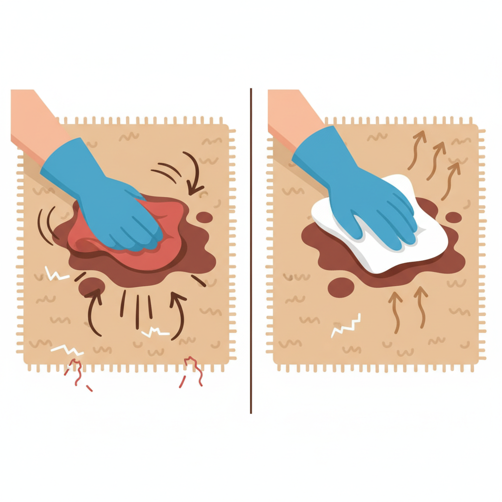 An educational infographic-style illustration demonstrating the 'blotting versus rubbing' technique. The image is split into two clear sections. On the left, a close-up view of a carpet patch with a liquid stain shows an animated hand vigorously rubbing the stain with a cloth, with visual cues like outward arrows indicating the stain spreading and fibers getting damaged. On the right, the identical carpet patch and stain are shown with a hand gently dabbing the stain with a clean white cloth, with upward arrows signifying absorption and no spread. The contrast clearly highlights the correct method.