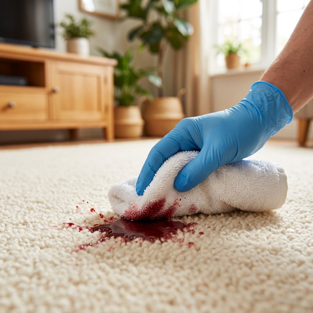 A close-up, dynamic shot of a fresh spill, like vibrant red wine or dark coffee, on a plush, light-colored carpet. A person's hand, possibly wearing a protective glove, is actively dabbing the liquid with a clean, white absorbent cloth, showing the immediate action of stain removal. The background is softly blurred, hinting at a cozy, inviting home environment. The focus is sharp on the urgent cleanup process, conveying effectiveness and promptness. Professional photo style with bright, natural lighting.