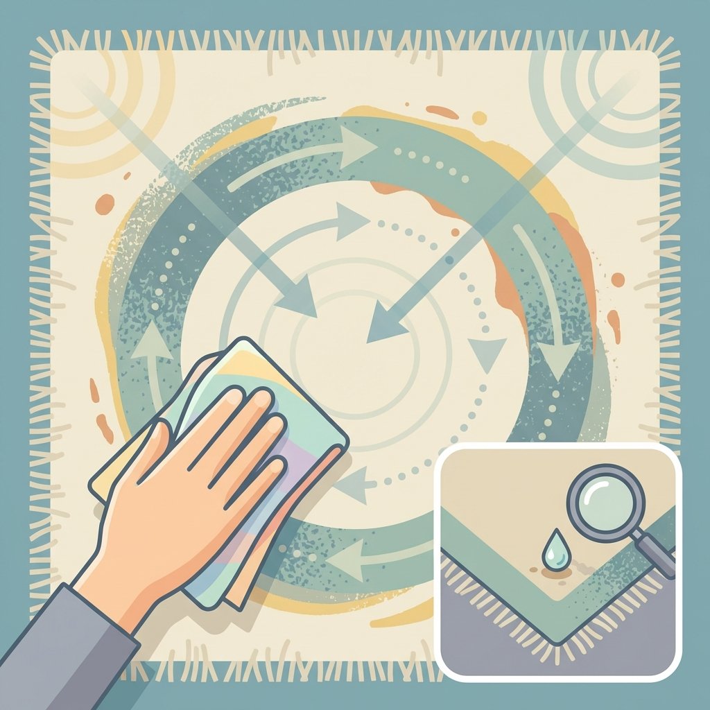 An infographic-style illustration demonstrating key carpet cleaning principles. The main scene features an abstract, circular stain on a textured carpet surface. A hand holding a clean cloth is shown using dabbing motions, clearly moving from the outer edge of the stain inwards, with subtle visual cues (like faded arrows) indicating this direction. In a smaller inset, a separate carpet corner shows a tiny, inconspicuous spot where a drop of cleaning solution is being tested. The overall aesthetic is clean, clear, and educational, using a flat illustration style with a modern, harmonious color palette.