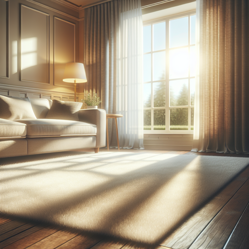 A cozy, sunlit living room with an impeccably clean, fresh-looking carpet. Windows are slightly open, suggesting airflow and freshness. The scene evokes a sense of comfort and a pleasant, odor-free home. Realistic photo, warm tones.