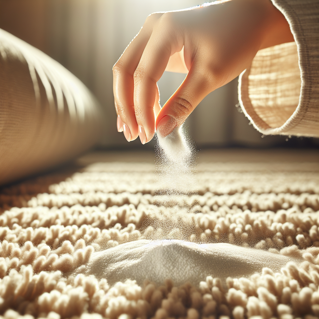 A close-up shot of a person's hand sprinkling white powder (baking soda) generously over a plush, beige carpet. The focus is on the cleaning process, suggesting a natural and effective solution to remove odors. Bright, natural lighting, realistic photo.