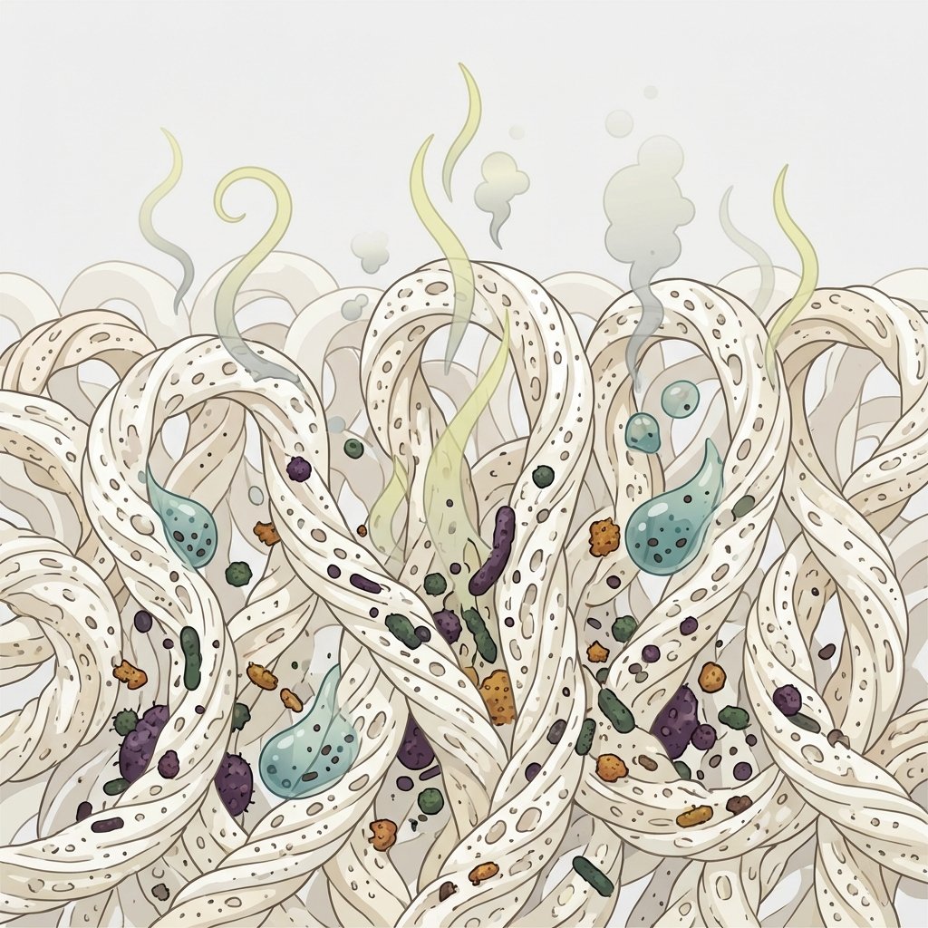 A detailed, close-up flat illustration depicting a cross-section of woven carpet fibers. The fibers are shown as intricate, sponge-like strands absorbing tiny, stylized particles and liquid droplets, representing bacteria, food residues, and other odor-causing agents. A few abstract, wavy 'stink' lines or small, hazy puffs visibly emanate from deep within the fibers, illustrating the trapped odors. The illustration should have a clean, scientific infographic style with a focus on visual clarity to explain how carpets absorb and retain smells at a microscopic level.