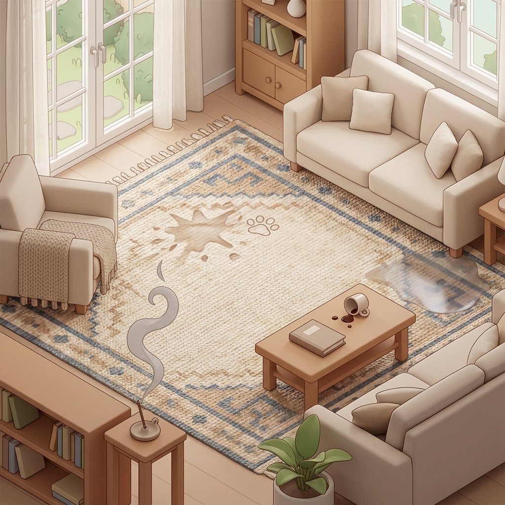 An inviting, clean isometric illustration of a cozy living room scene, with a prominent textured area rug taking center stage. Various subtle, stylized elements are depicted on or near the rug to represent common odor sources. These include a faint, abstract brown splash (pet accident), a small, tipped-over coffee cup with a few dark drops (spilled drink), a very gentle wisp of grey smoke curling upwards from the carpet's edge, and a slightly darker, damp-looking patch indicating moisture. The overall scene should subtly convey a problem that needs solving, without being messy or visually overwhelming.