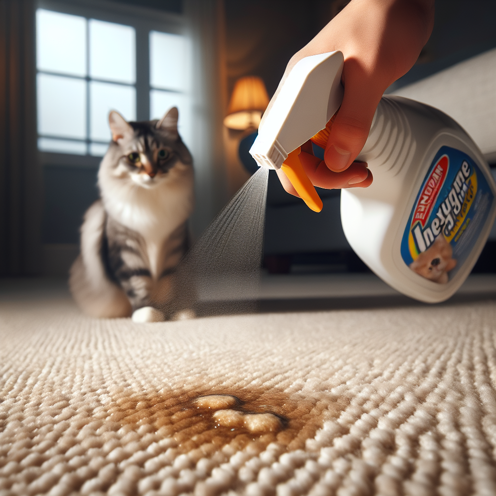 Close-up, detailed photo of a light-colored carpet with a visible, wet cat urine stain. A hand is holding and spraying an enzyme carpet cleaner bottle directly onto the stain. In the slightly blurred background, a curious cat observes the scene. Realistic, soft lighting, focus on the cleaning action.